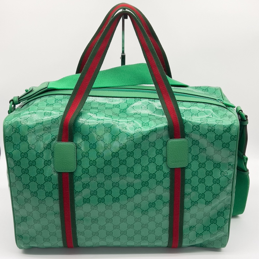 0430JPL New Gucci GG Web Duffle Bag in Green GG Supreme Crystal Coated Canvas - Picture 2 of 8